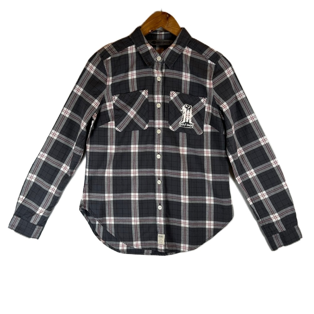 Harley-Davidson Womens Plaid Roll-Tab Button Down Shirt‎ Grey Small NEW
